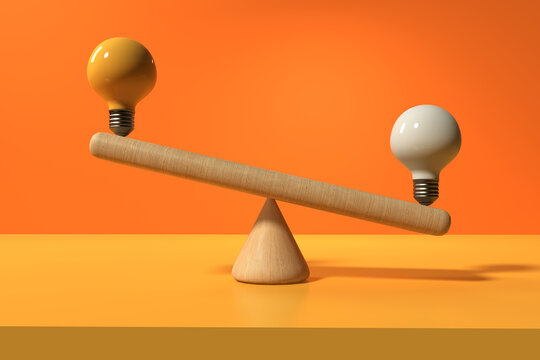 Two lightbulbs on a seesaw - 3D render