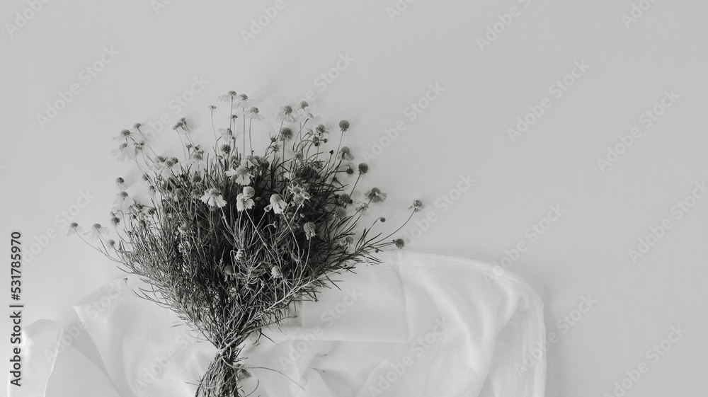 Wall mural Bunch of flowers in minimalism style, black and white background. - Wall murals