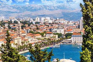 Fototapeta na wymiar Coastal summer cityscape - top view of the Old Town and port in the city of Split, the Adriatic coast of Croatia
