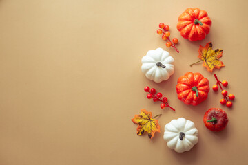 Fall autumn flat lay background. Pumpkins and fall leaves. Autumn decorations.