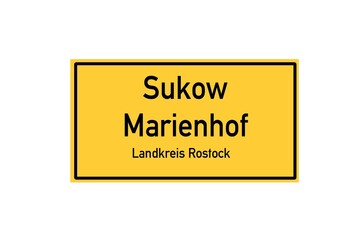 Isolated German city limit sign of Sukow Marienhof located in Mecklenburg-Vorpommern