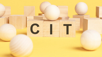 text CIT is written on wooden cubes. bright yellow surface. business concept. wooden sphere balls among the wood cubes