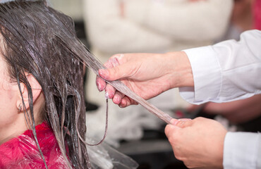 Hairdresser stylist takes care of girl's hair. Hair care procedures in a beauty salon. Hair treatment, coloring and styling. Botox and hair lamination keratin straightening.