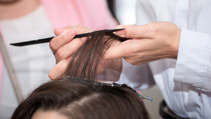 Hairdresser stylist takes care of girl's hair. Hair care procedures in a beauty salon. Hair...