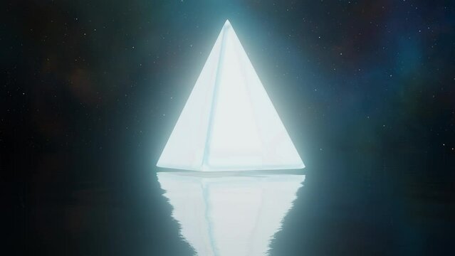 Glowing Monolith Pyramid Rotating Over Calm Ocean Waters and Galaxy Sky Loop