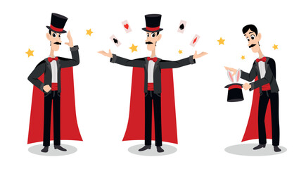 Vector illustration of a cute and beautiful magician on white background. Charming fabulous characters in different poses greets, shows trick with cards and takes rabbits out of hat in cartoon style.