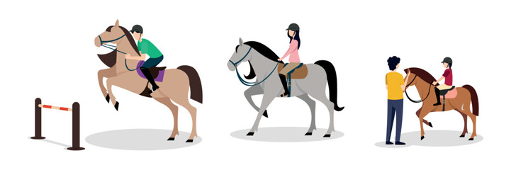 Set of horse riding people in cartoon style. Vector illustration of girls and guys who jump over barriers on horseback, teach children to ride on white background.