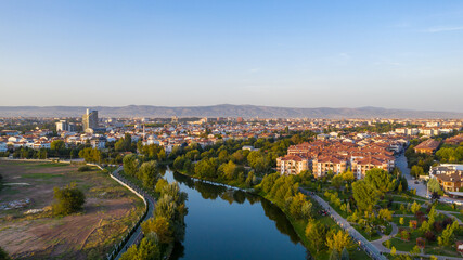 Fototapeta na wymiar Aerial view of Eskişehir,TURKEY. River and streets in Eskişehir. Aerial photo.