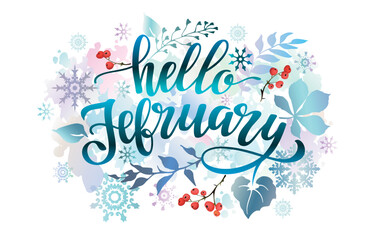 Hello February banner with colorful leaves, snowflakes, berries and lettering inscription. Winter background. © VETOCHKA