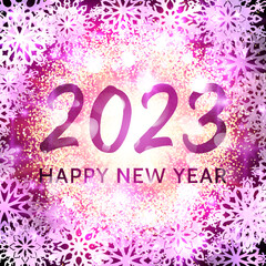 Happy New Year 2023. Seasons greetings card. Snowflakes light garlands flash glittering confetti firework. New Year banner design. Colorful winter purple glowing background. Bright vector illustration