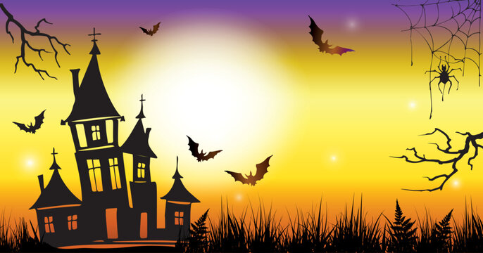 Halloween horizontal background design with castle, bats and spider. Vector design template for offer, coupon, flyer, celebration banner, voucher.