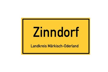 Isolated German city limit sign of Zinndorf located in Brandenburg