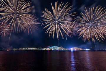 Fireworks in Yas Bay for celebrating public islamic holiday Eid Al Adha