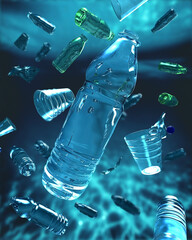 Plastic bottles and plastic parts float underwater in the ocean and pollute the sea - 3d illustration - obrazy, fototapety, plakaty