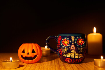 Halloween and day of the dead or dia de los muertos concept. Sugar skull and pumpkin head by...