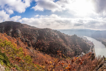 Panorama of Duernstein village with castle and Danube river during autumn in Austria, UNESCO