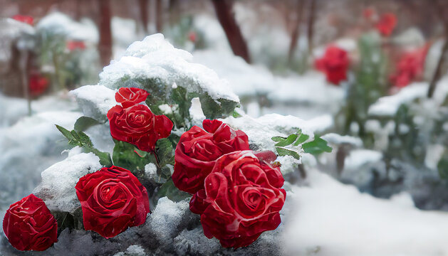 Roses in the snow in old abandoned garden