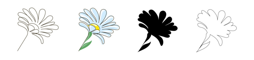 Set of daisies in one line style, doodle in blue, outline and black silhouette. Stock vector illustration isolated on white background.