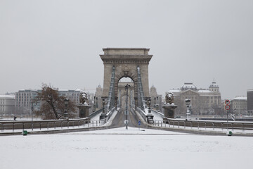 Fototapeta premium capital city streets budapest after a night falling a lot of snow