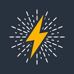 Yellow vintage lightning bolt and sun rays. Lightnings with sunburst effect. Thunderbolt, electric shock sign. Vector illustration
