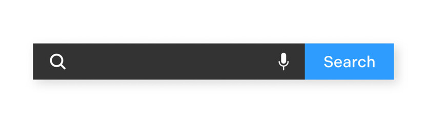 Obraz premium Search bar template. Internet browser engine with search box, address bar and text field. UI design, website interface element with web icons and push button. Dark mode. Vector illustration