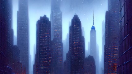 Dark neon city with New York skyscrapers, Light in the windows, neon streets, top view of the city, sunset. 3D illustration.
