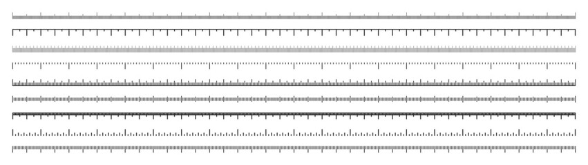 Various measurement scales with divisions. Realistic long scale for measuring length or height in centimeters, millimeters or inches. Ruler, tape measure marks, size indicators. Vector illustration