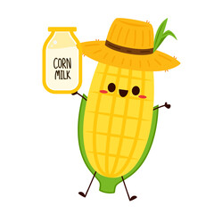 Corn cartoon vector. Cute vegetable vector character isolated on white. Corn milk. Farmer hat. Peasant hat vector.