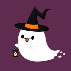 Happy halloween party greeting card with cute ghost. Holidays cartoon character. Trick or treat. Halloween funny cartoon.