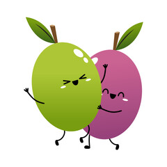 Prunes cartoon vector. Prunes character design. Fresh plum with green leaf in cartoon style. Vector whole and parts sweet plum isolated on a white background.
