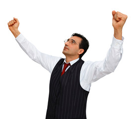 Gesture series: businessman is euphoric and stretches his hands up.
