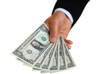 Money series: man hands over dollar bills, detail shot.