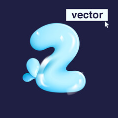 Number two pure water logo in realistic 3D and cartoon balloon style. Glossy eco blue vector illustration.