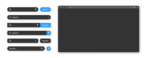 Blank internet browser window with various search bar templates, dark mode. Web site engine with search box, address bar and text field. UI design, website interface elements. Vector illustration