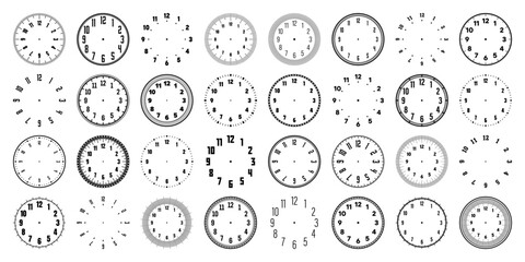 Fototapeta na wymiar Mechanical clock faces with arabic numerals, bezel. Watch dial with minute, hour marks and numbers. Timer or stopwatch element. Blank measuring circle scale with divisions. Vector illustration