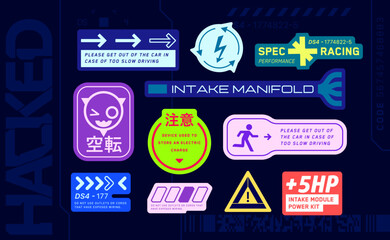 Racing decals stickers. Set of vector stickers and labels in futuristic style. Inscriptions and symbols, Japanese hieroglyphs for danger, attention, AI controlled, high voltage, warning.	 - obrazy, fototapety, plakaty