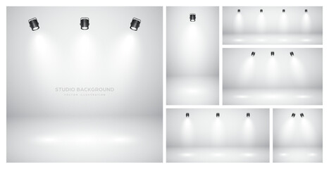Empty gray studio abstract backgrounds with spotlights. Product showcase backdrop with spotlight effect. Stage lighting. Vector illustration