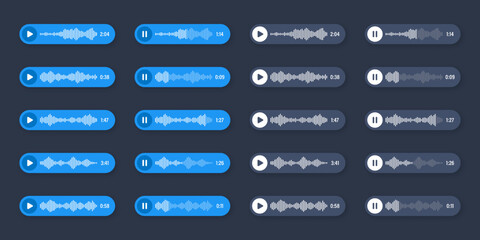 Voice, audio message, speech bubble. SMS text frame. Social media chat or messaging app conversation. Voice assistant, recorder. Sound wave pattern. Dark mode. Vector illustration