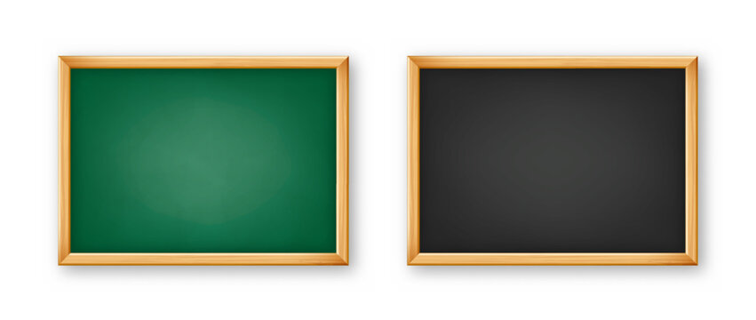 Realistic blank chalkboard in a wooden frame. School blackboard with traces of chalk, writing surface for text or drawing. Presentation board, online studying and e-learning. Vector illustration