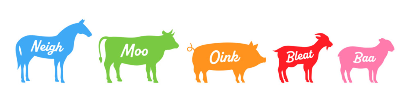 Farm animal silhouettes with hand draw lettering. Neigh, Moo, Oink, Bleat, Baa - animals voice lettering. Farm animals silhouettes