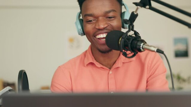 Podcast, headphones and microphone black man creative DJ, presenter or speaker in radio station or music recording studio. African live streaming, online content influencer and internet personality