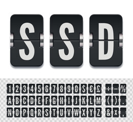 Terminal scoreboard font to display flight departure info vector illustration. Black airport flip board mechanical alphabet with numbers and symbols for destination information and timetable