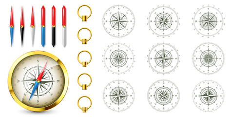 Realistic golden vintage compass with marine wind rose and cardinal directions of North, East, South, West. Shiny metal navigational compass. Cartography and navigation. Vector illustration © 32 pixels