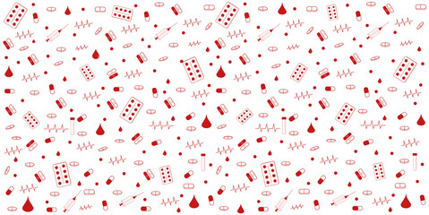 Medical background.Seamless wallpaper red icons on white background.Health concept. Packaging design for pharmaceuticals.Vector illustration.