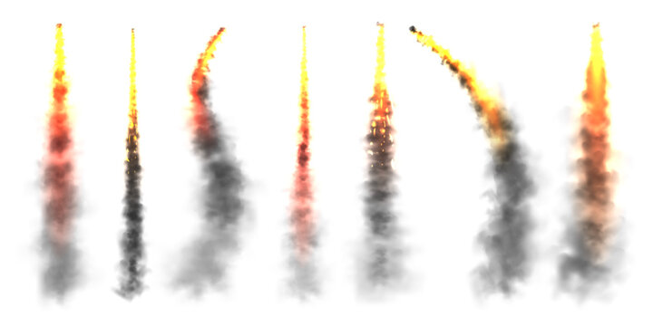 Realistic black smoke with fire, space rocket launch trails. Fire burst, explosion. Missile or bullet trail. Jet aircraft tracks. Smoke clouds, fog. Steam flow. Vector illustration