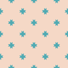 Vector geometric seamless pattern with stars, flower silhouettes, crosses. Simple abstract floral ornament. Retro vintage style background texture. Turquoise and beige color. Repeat decorative design