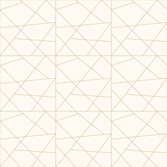 Gold line geometric seamless pattern. Abstract stripes ornament. Simple minimalist texture with crossing lines, triangles, squares, shapes. Modern golden linear background. Luxury minimal geo design