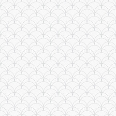 Vector geometric linear pattern. Art deco style background with thin curved lines, fish scale ornament, grid, lattice. Subtle elegant gray and white abstract texture. Simple repeat minimalist design