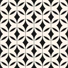 Black and white vector geometric seamless pattern. Abstract monochrome texture with grid, mesh, lattice, curved shapes. Stylish modern geometrical background. Repeat design for decor, print, wrapping