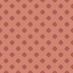 Stylish vector minimal geometric floral pattern. Simple abstract seamless texture with small flowers, crosses. Elegant ornament background in maroon and orange color. Repeat design for decor, textile